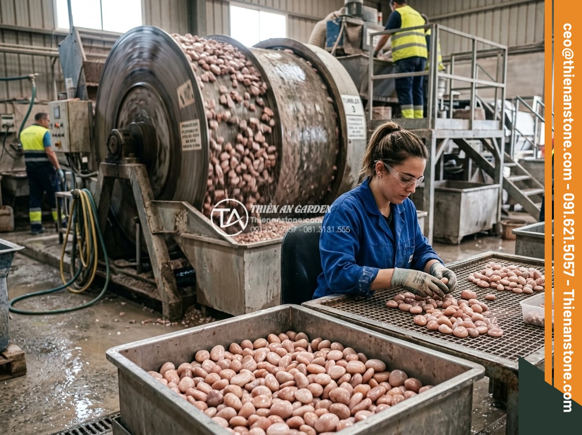 Sỏi hồng quay 1-3cm - Hình 17 Sỏi hồng quay 1-3cm - Professional production process of pink tumbled pebbles at stone factory, showin