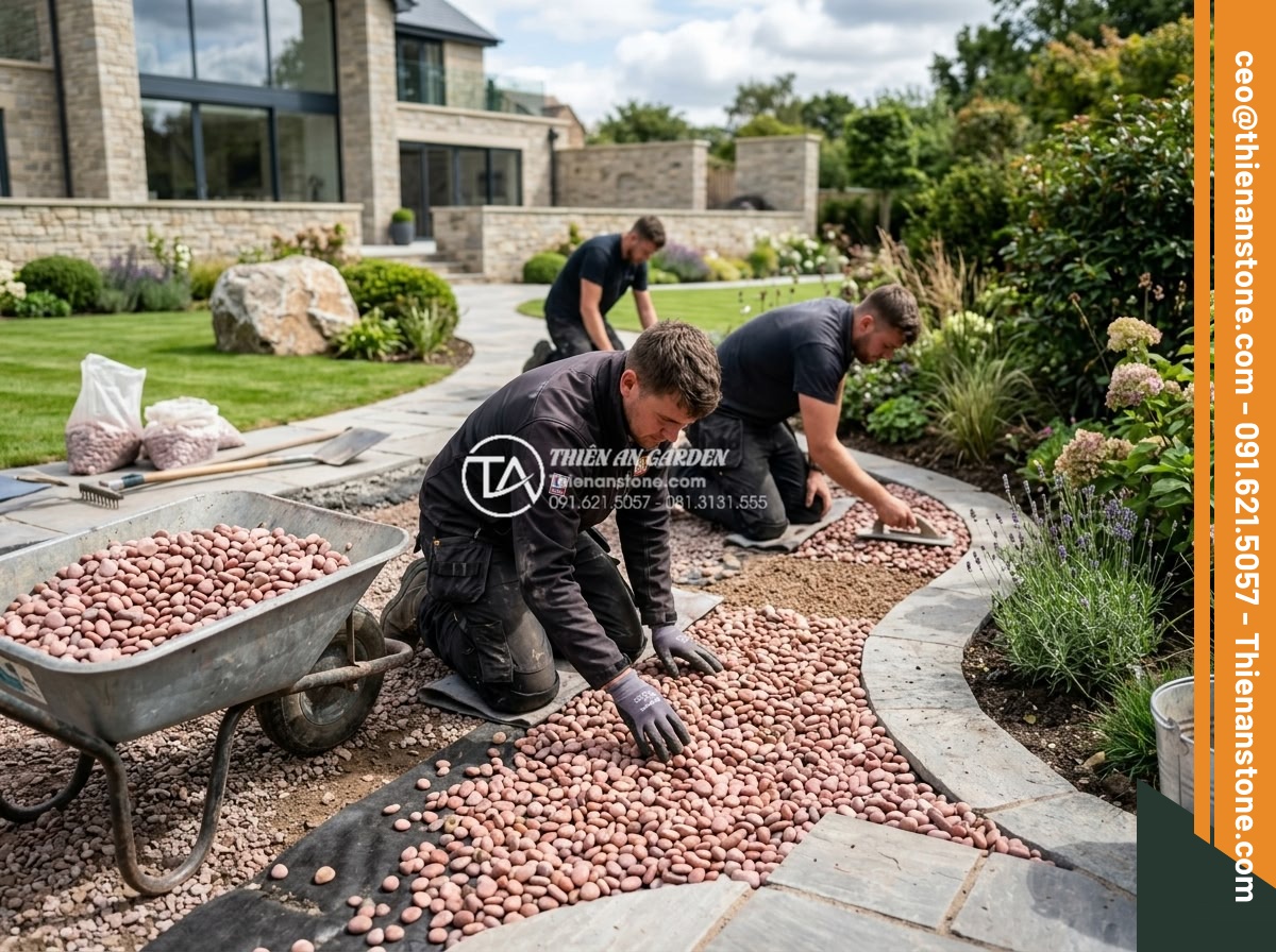Sỏi hồng quay 1-3cm - Hình 19 Sỏi hồng quay 1-3cm - Professional team installing pink tumbled pebbles in a luxury garden project, co