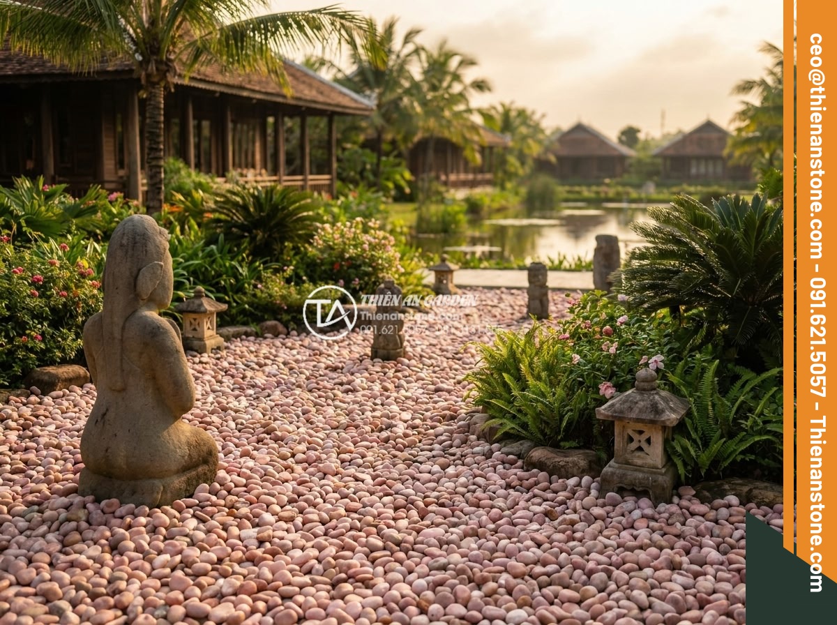 Sỏi hồng quay 1-3cm - Hình 2 Sỏi hồng quay 1-3cm - Panoramic shot of 1-3cm pink tumbled stones in a high-end Vietnamese resort gard