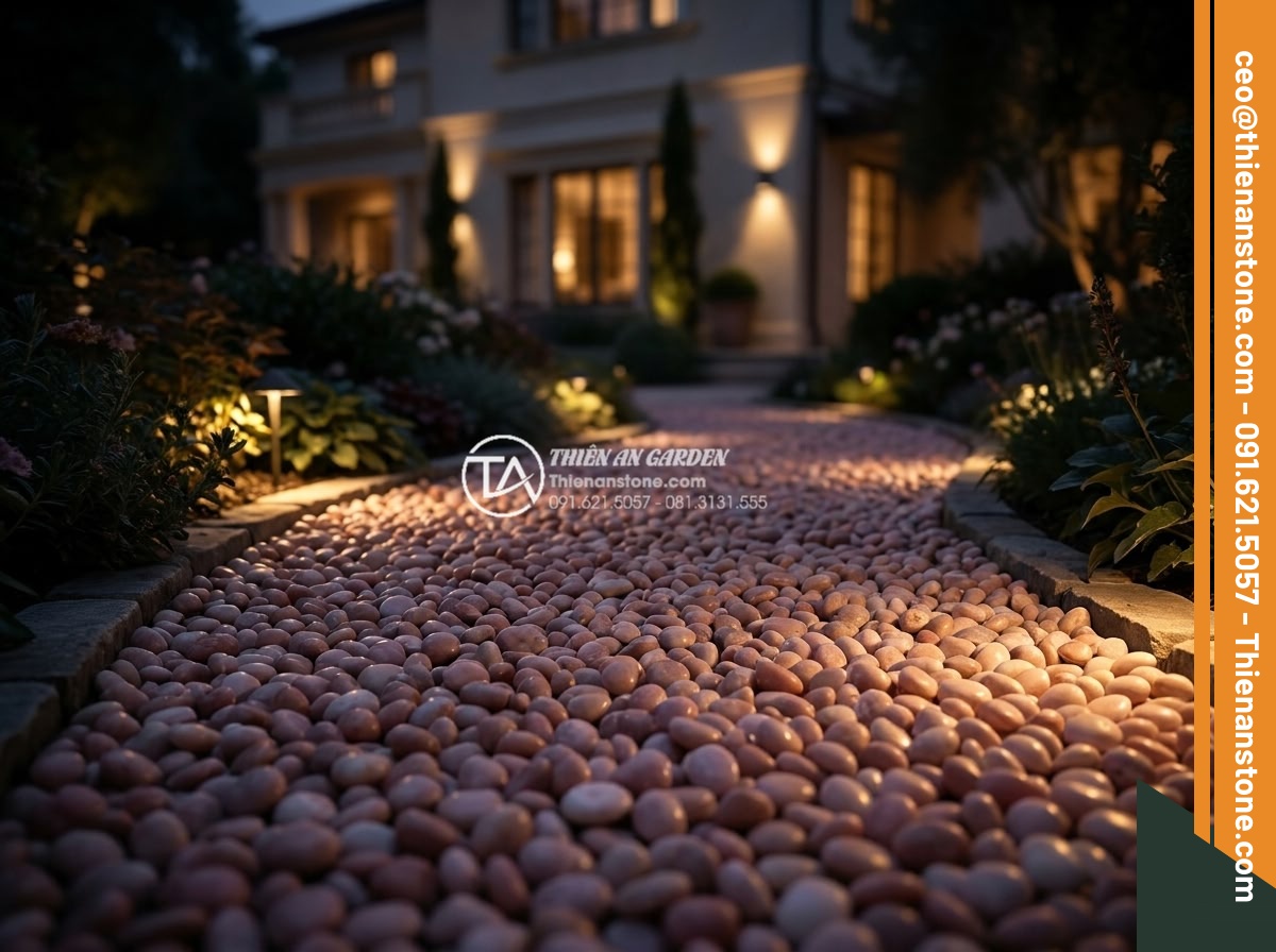Sỏi hồng quay 3-5mm - Hình 10 Sỏi hồng quay 3-5mm - Night time garden scene with pink 3-5mm tumbled pebbles path beautifully illumin