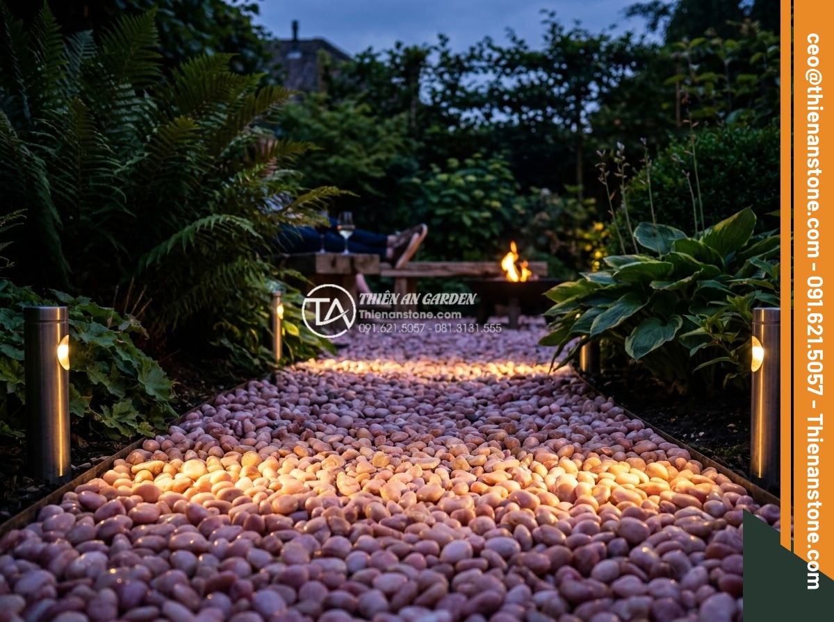 Sỏi hồng quay 3-5mm - Hình 11 Sỏi hồng quay 3-5mm - Romantic evening garden view with pink tumbled pebbles 3-5mm softly lit by warm