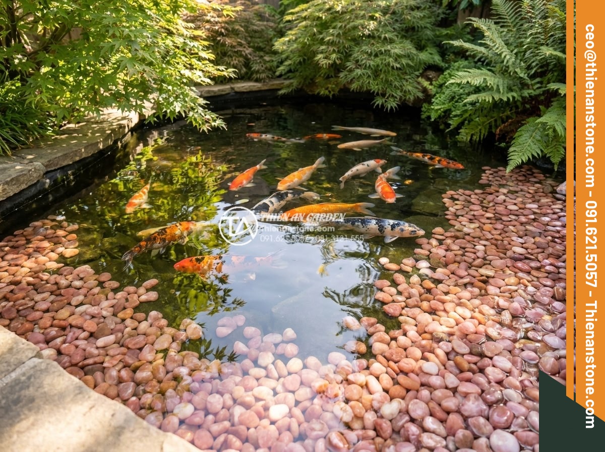 Sỏi hồng quay 3-5mm - Hình 12 Sỏi hồng quay 3-5mm - Beautiful clear koi pond with pink 3-5mm tumbled pebbles visible at the bottom a