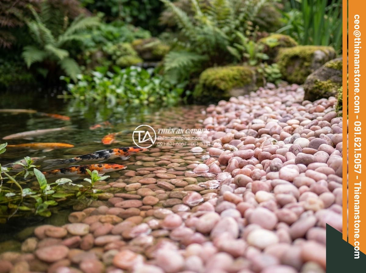Sỏi hồng quay 3-5mm - Hình 13 Sỏi hồng quay 3-5mm - Close view of koi pond edge beautifully finished with pink tumbled pebbles 3-5mm