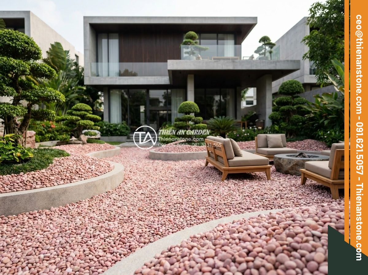 Sỏi hồng quay 3-5mm - Hình 14 Sỏi hồng quay 3-5mm - Luxurious modern Vietnamese villa garden featuring extensive use of pink 3-5mm t
