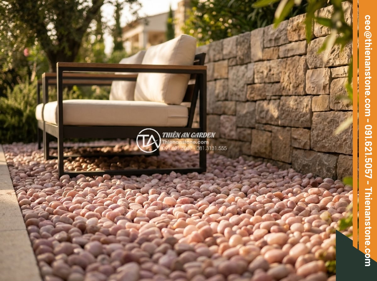Sỏi hồng quay 3-5mm - Hình 15 Sỏi hồng quay 3-5mm - High-end villa garden detail showing pink tumbled pebbles 3-5mm used as elegant