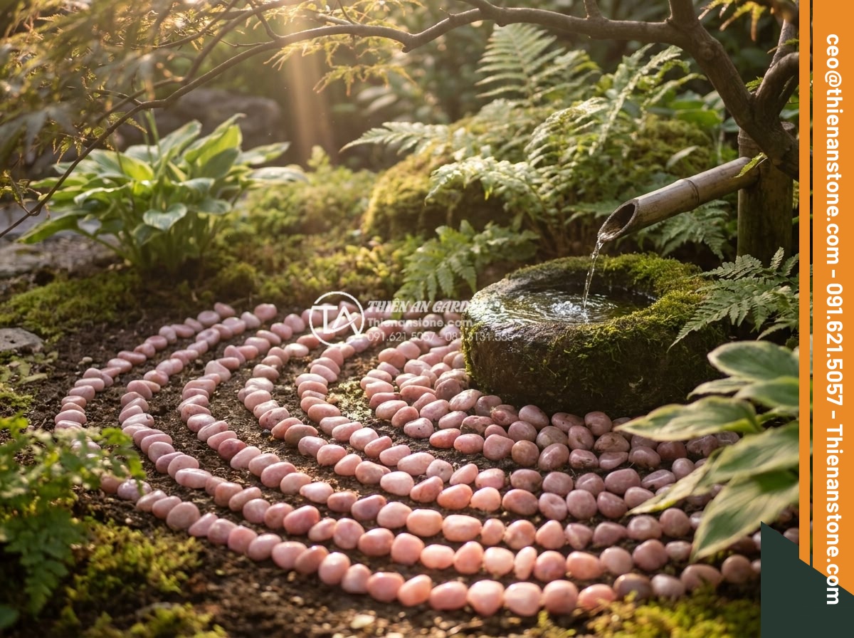 Sỏi hồng quay 3-5mm - Hình 18 Sỏi hồng quay 3-5mm - Peaceful garden corner with pink 3-5mm tumbled pebbles arranged in a subtle feng