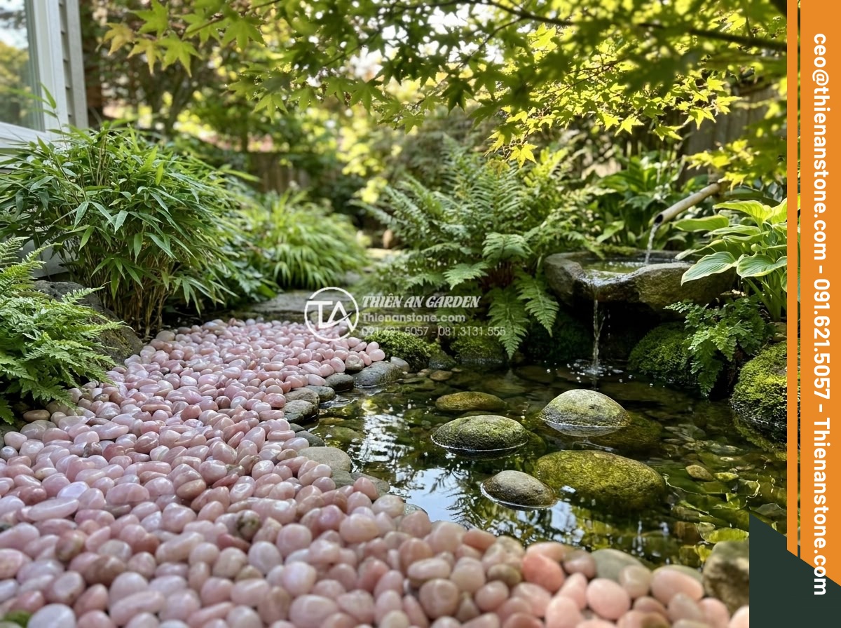 Sỏi hồng quay 3-5mm - Hình 19 Sỏi hồng quay 3-5mm - Harmonious feng shui garden composition featuring pink tumbled pebbles 3-5mm, cl