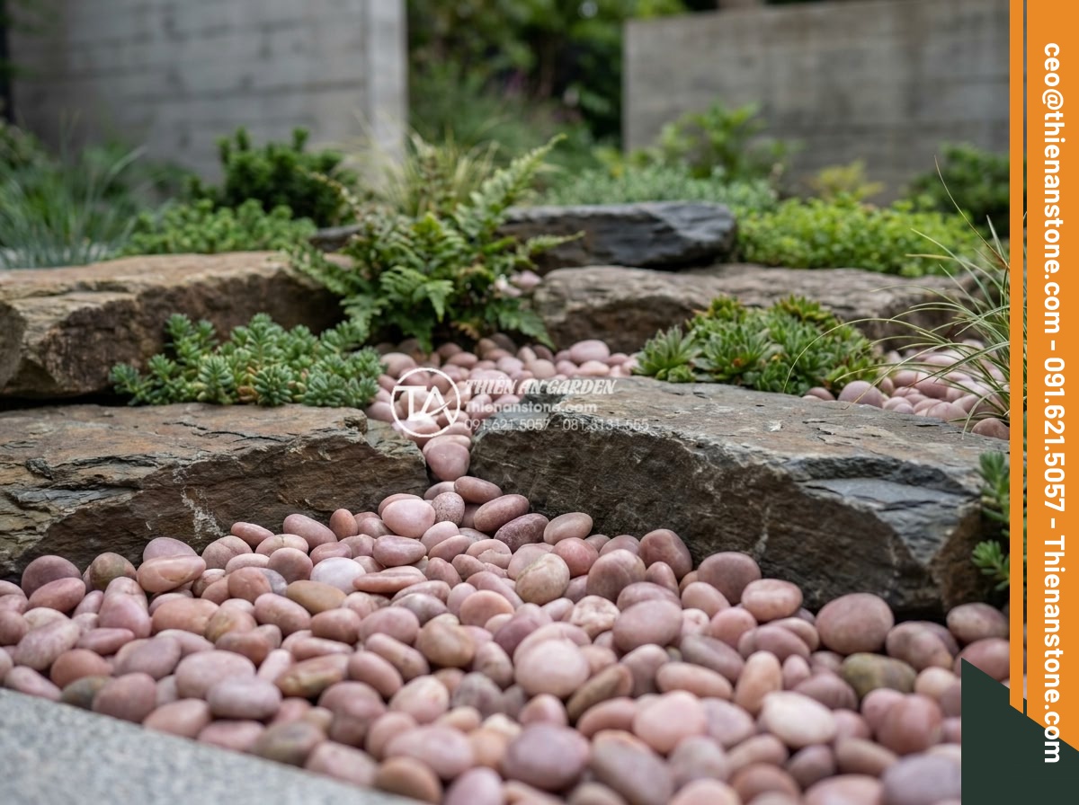 Sỏi hồng quay 3-5mm - Hình 2 Sỏi hồng quay 3-5mm - Detailed view of a small elegant rockery feature in a modern garden, base covere