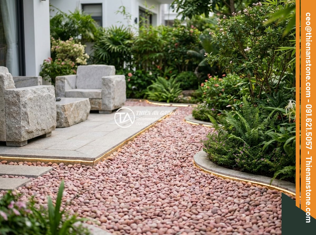 Sỏi hồng quay 3-5mm - Hình 4 Sỏi hồng quay 3-5mm - Elegant garden zoning using fine pink tumbled pebbles 3-5mm as soft borders betw