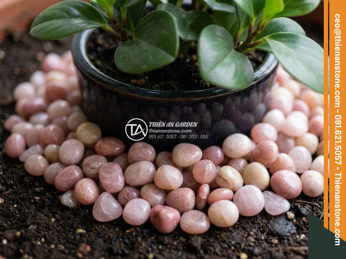 Sỏi hồng quay 3-5mm - Hình 6 Sỏi hồng quay 3-5mm - Close-up detail shot of pink 3-5mm tumbled pebbles scattered artistically around