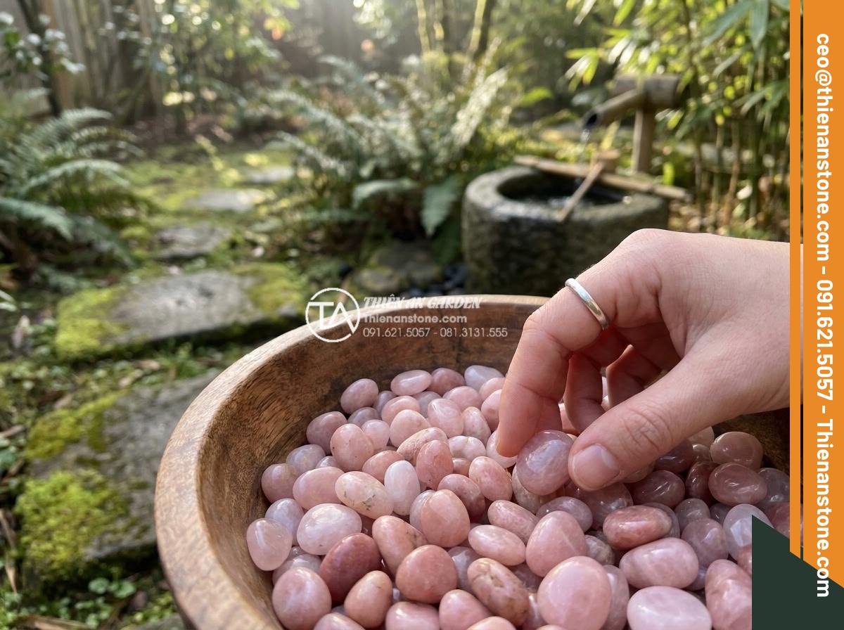 Sỏi hồng quay 3-5mm - Hình 7 Sỏi hồng quay 3-5mm - Peaceful scene of a person gently touching and feeling the smooth surface of pin
