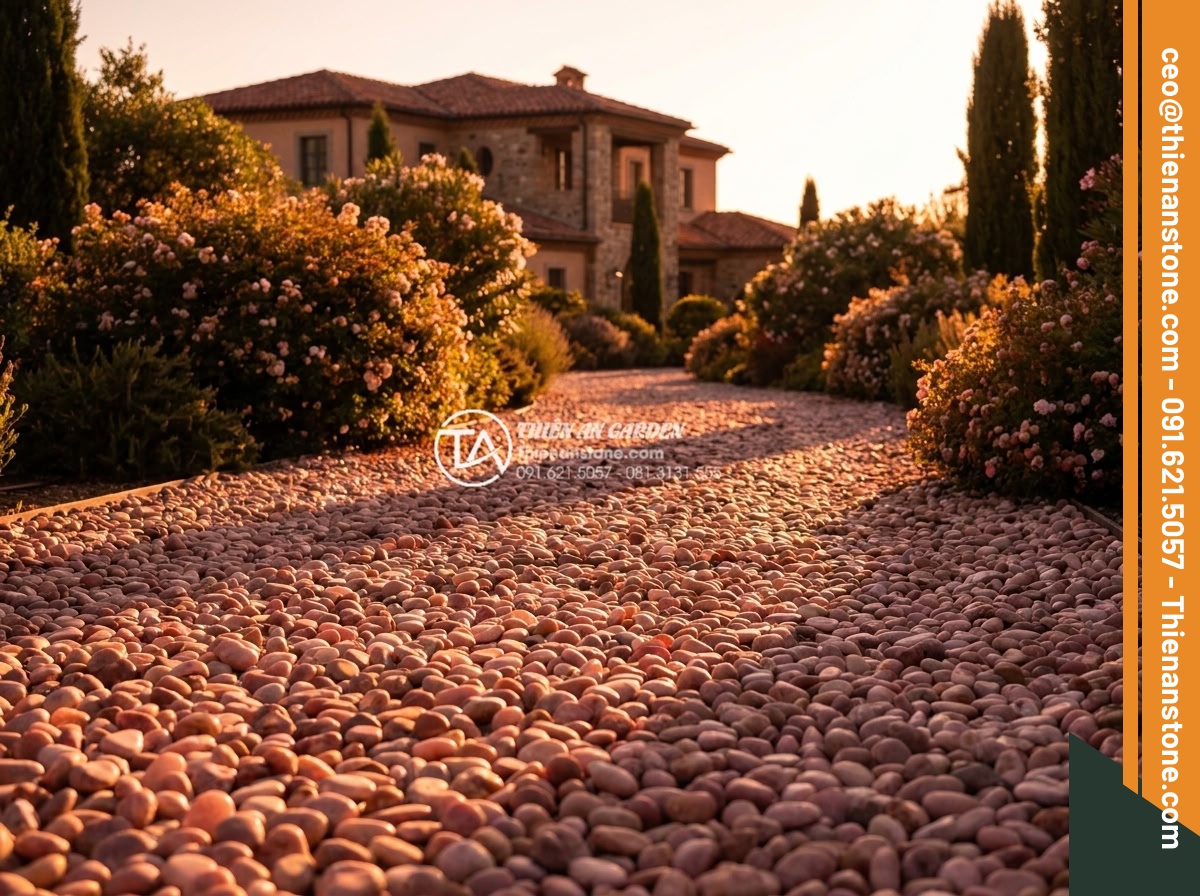 Sỏi hồng quay 3-5mm - Hình 9 Sỏi hồng quay 3-5mm - Golden hour cinematic shot of a beautiful garden path made of pink tumbled pebbl