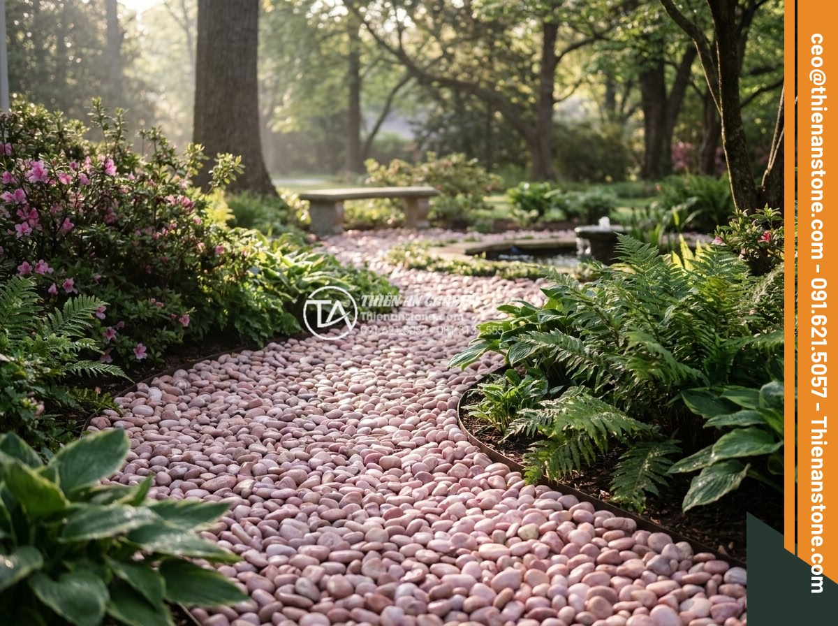 Sỏi hồng quay 7-9mm - Hình 10 Sỏi hồng quay 7-9mm - Well-maintained luxury garden with clean pink pebble paths, lush plants, no debr