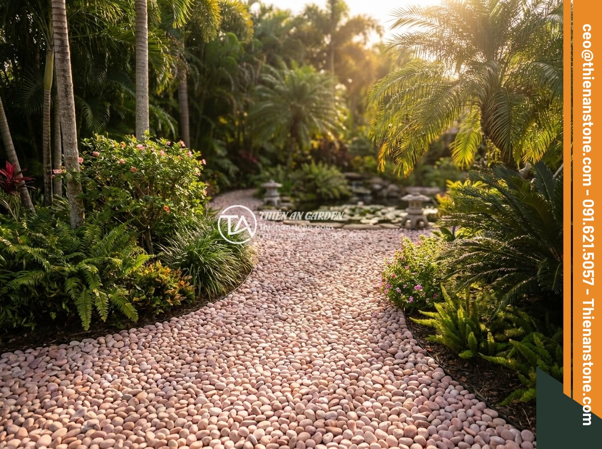 Sỏi hồng quay 7-9mm - Hình 3 Sỏi hồng quay 7-9mm - Wide cinematic view of an elegant resort garden pathway made of 7-9mm pink pebbl