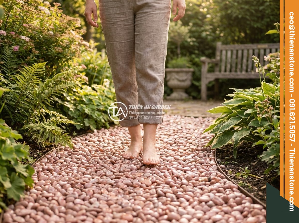 Sỏi hồng quay 7-9mm - Hình 5 Sỏi hồng quay 7-9mm - Realistic lifestyle photo of a person walking barefoot on a pink pebble garden p