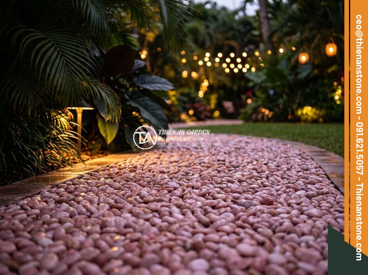 Sỏi hồng quay 7-9mm - Hình 6 Sỏi hồng quay 7-9mm - Evening garden scene with 7-9mm pink pebbles path illuminated by warm garden lig