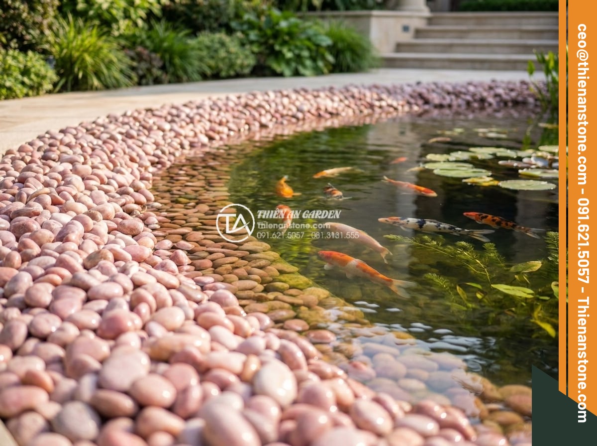 Sỏi hồng quay 7-9mm - Hình 7 Sỏi hồng quay 7-9mm - Beautiful koi pond in a luxury garden, edge decorated with 7-9mm pink pebbles, c