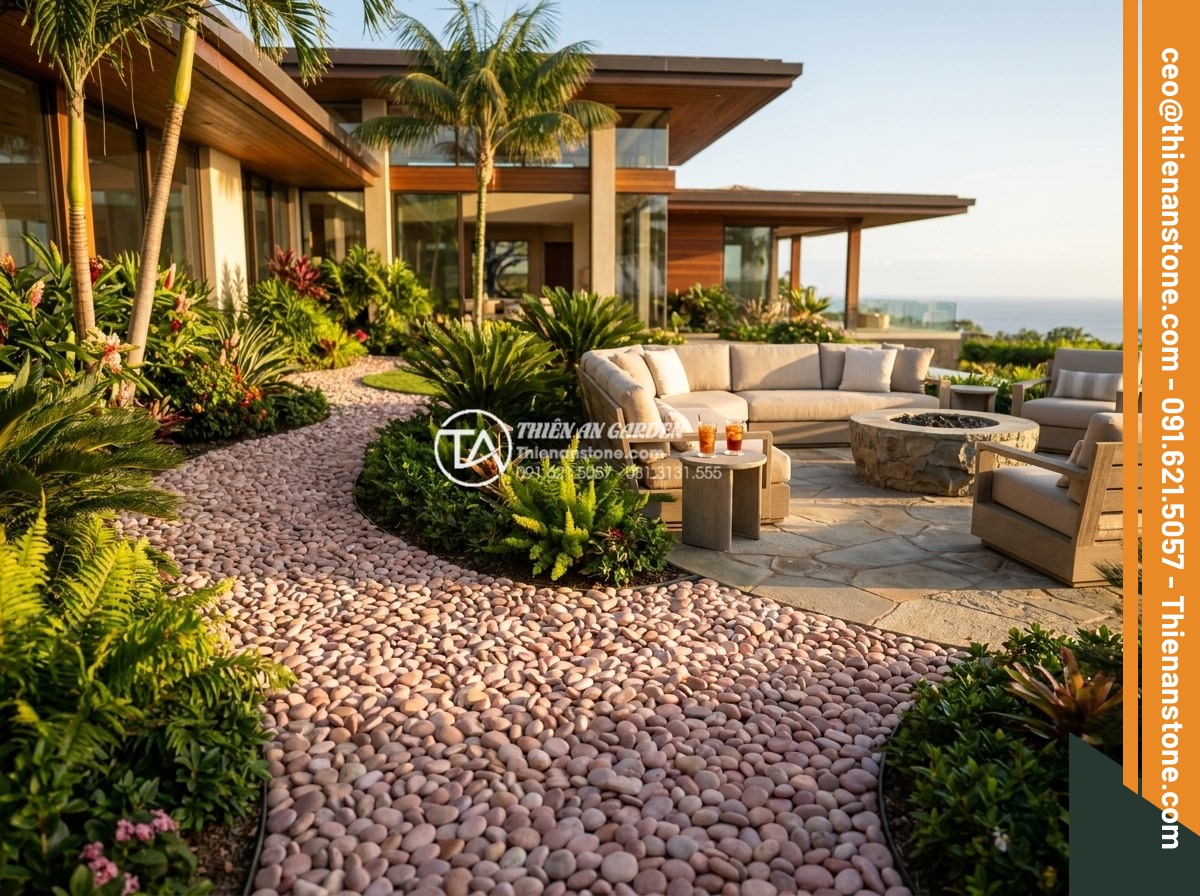 Sỏi hồng quay 7-9mm - Hình 8 Sỏi hồng quay 7-9mm - Luxury modern villa garden with pink 7-9mm pebble pathways, elegant outdoor furn