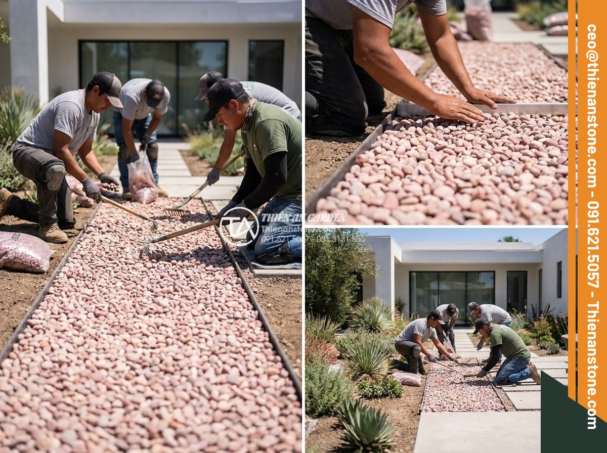 Sỏi hồng quay 7-9mm - Hình 9 Sỏi hồng quay 7-9mm - Professional team installing pink 7-9mm pebbles in a villa garden pathway, caref
