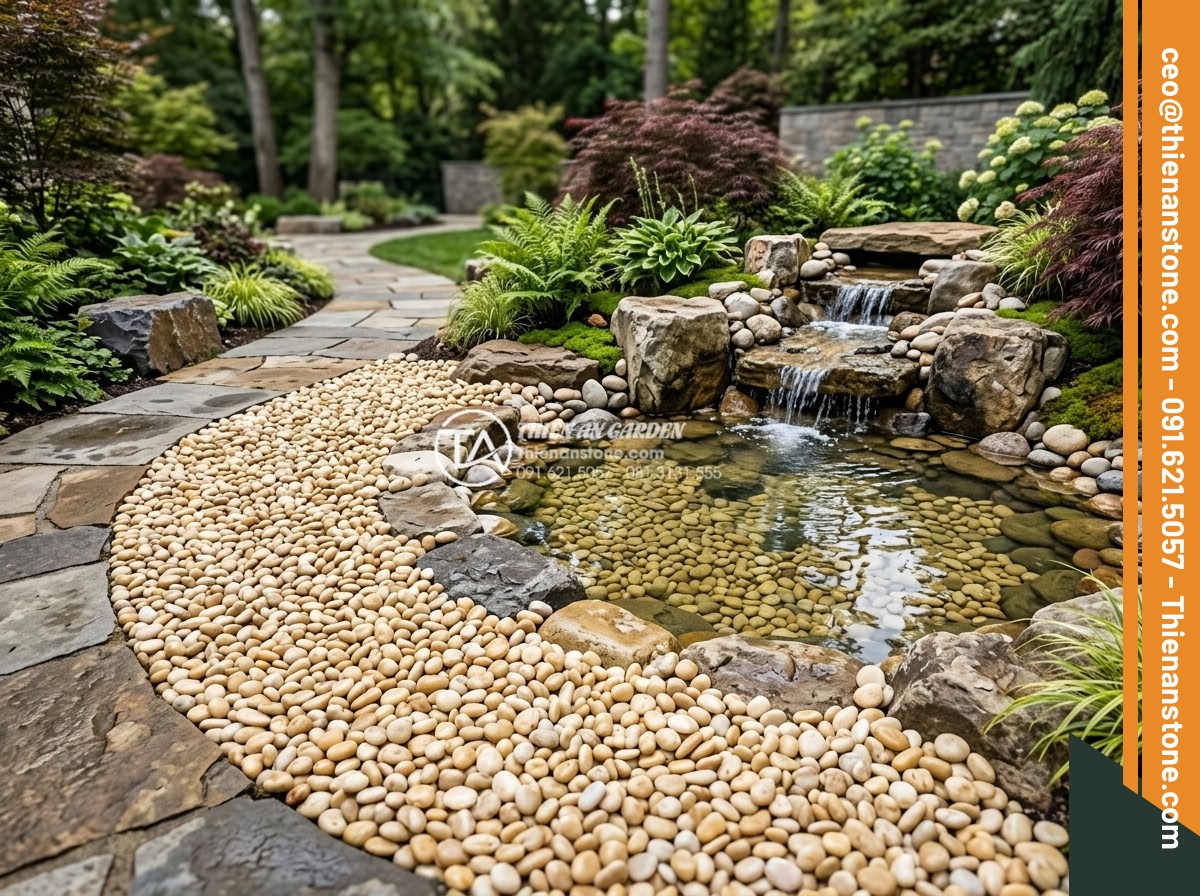 Sỏi vàng quay 1-2cm - Hình 10 Sỏi vàng quay 1-2cm - Beautiful golden pebbles 1-2cm in completed luxury garden project with various n