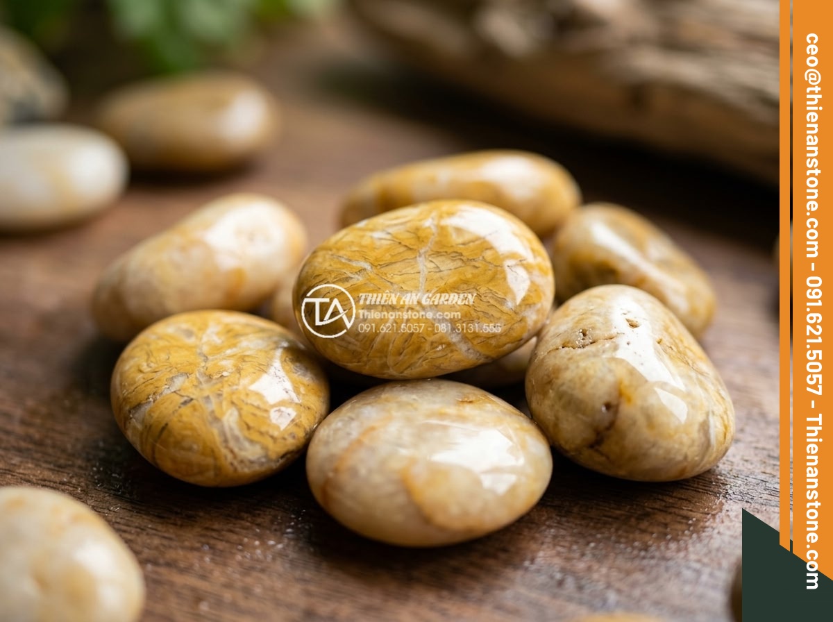 Sỏi vàng quay 1-2cm - Hình 2 Sỏi vàng quay 1-2cm - Close-up macro photography of 1-2cm golden rotating pebbles showing natural vein