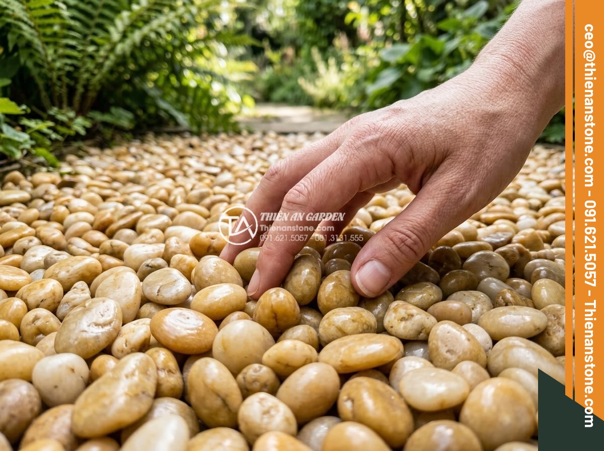 Sỏi vàng quay 1-2cm - Hình 3 Sỏi vàng quay 1-2cm - Human hand touching and feeling the smooth polished surface of golden 1-2cm pebb