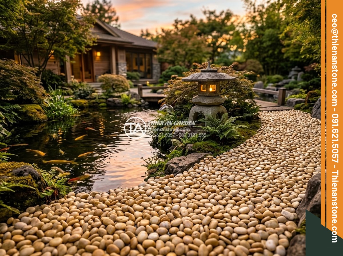 Sỏi vàng quay 1-2cm - Hình 4 Sỏi vàng quay 1-2cm - Golden pebbles 1-2cm reflecting warm sunset light in luxury villa garden with ko