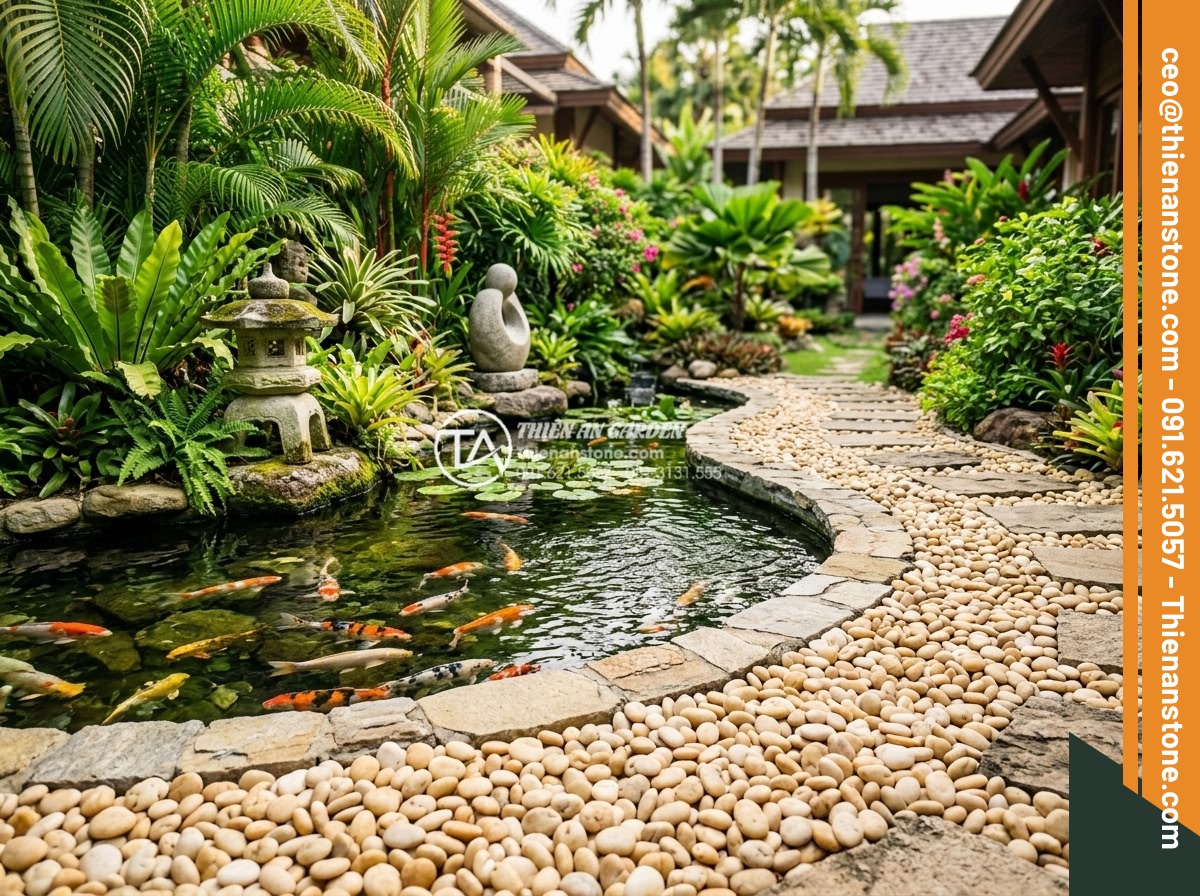 Sỏi vàng quay 1-2cm - Hình 5 Sỏi vàng quay 1-2cm - Luxury resort garden featuring golden 1-2cm pebbles around koi pond, stone sculp