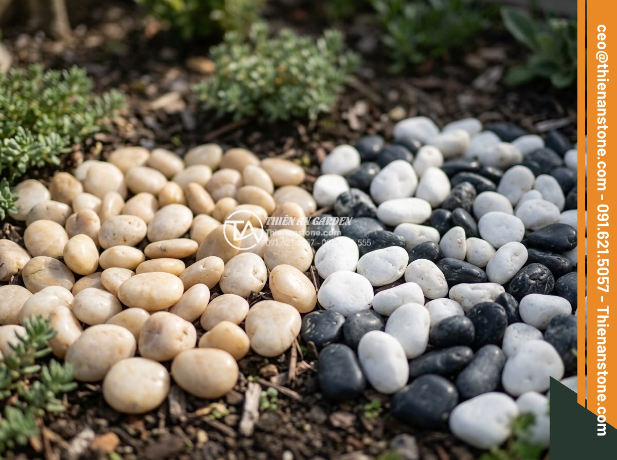 Sỏi vàng quay 1-2cm - Hình 7 Sỏi vàng quay 1-2cm - Side by side comparison of golden 1-2cm pebbles versus other natural pebbles lik