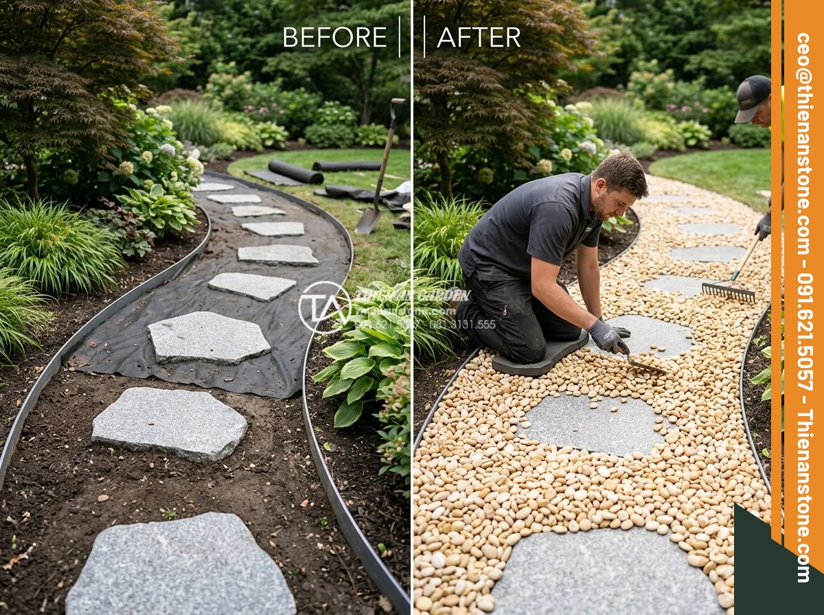 Sỏi vàng quay 1-2cm - Hình 8 Sỏi vàng quay 1-2cm - Professional installation process of golden pebbles in high-end garden, workers