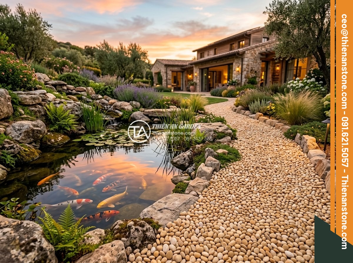 Sỏi vàng quay 1-2cm - Hình 9 Sỏi vàng quay 1-2cm - Real project photos of luxury villa garden with golden 1-2cm pebbles pathway, ko