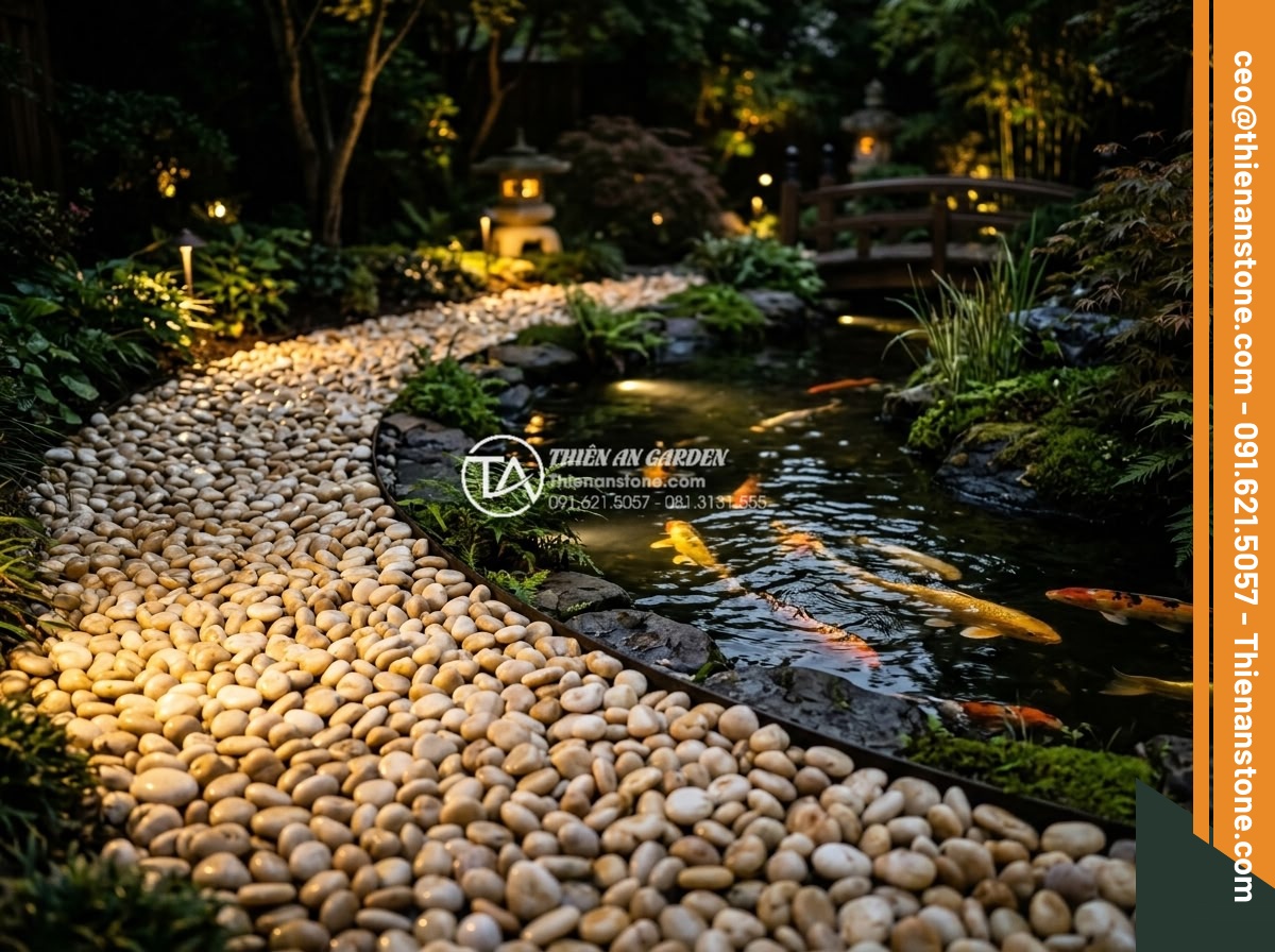 Sỏi vàng quay 1-3cm - Hình 10 Sỏi vàng quay 1-3cm - Night view of golden pebbles illuminated by landscape lighting next to Koi pond