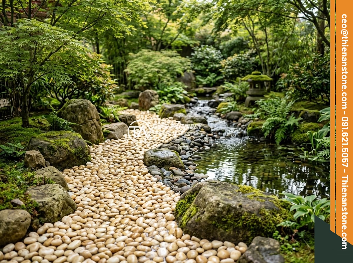 Sỏi vàng quay 1-3cm - Hình 11 Sỏi vàng quay 1-3cm - Golden pebbles arranged in Feng Shui garden pattern with natural boulders and wa