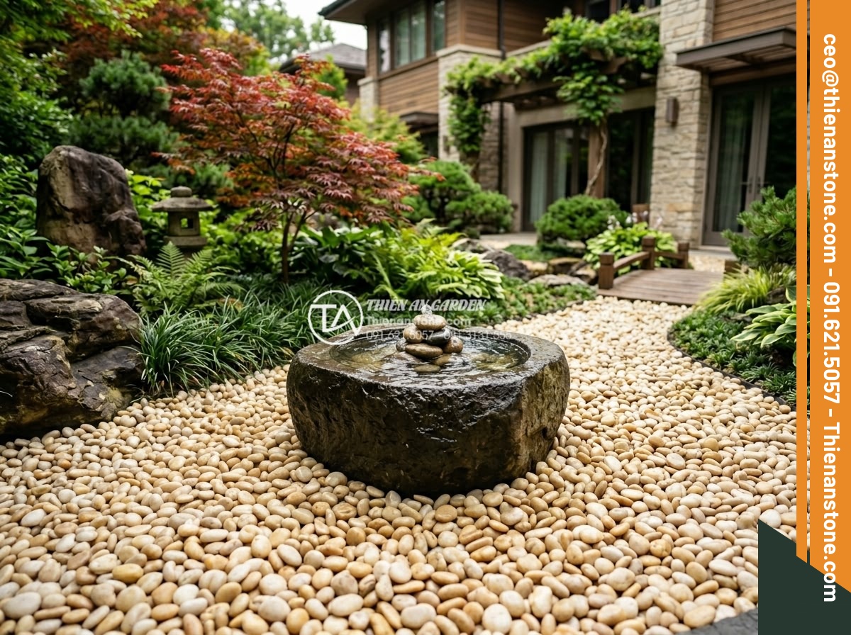 Sỏi vàng quay 1-3cm - Hình 12 Sỏi vàng quay 1-3cm - Feng Shui inspired garden layout using golden tumbled pebbles 1-3cm around a cen