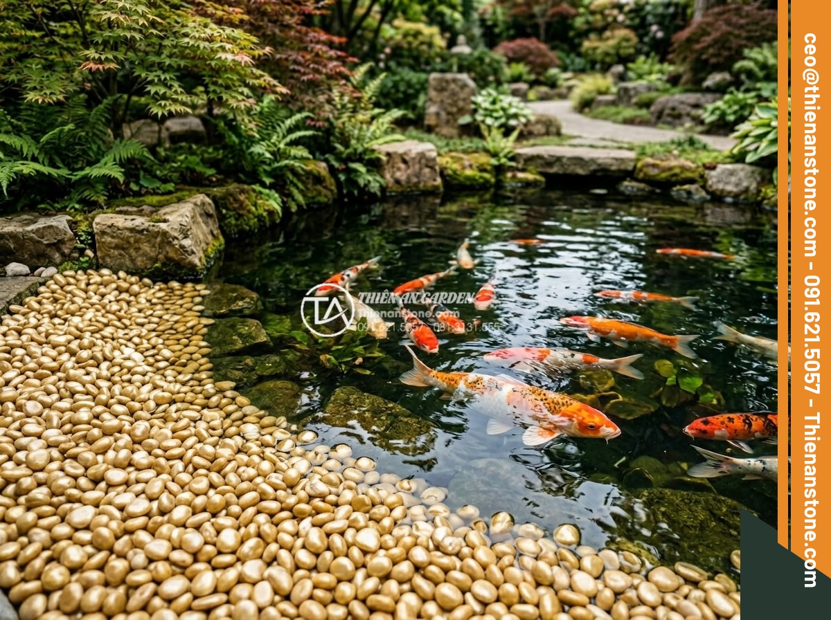 Sỏi vàng quay 1-3cm - Hình 13 Sỏi vàng quay 1-3cm - Golden pebbles 1-3cm lining the edges of a beautiful Koi pond with colorful fish
