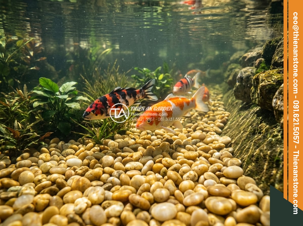 Sỏi vàng quay 1-3cm - Hình 14 Sỏi vàng quay 1-3cm - Underwater edge view of golden pebbles in Koi pond with fish and aquatic plants,