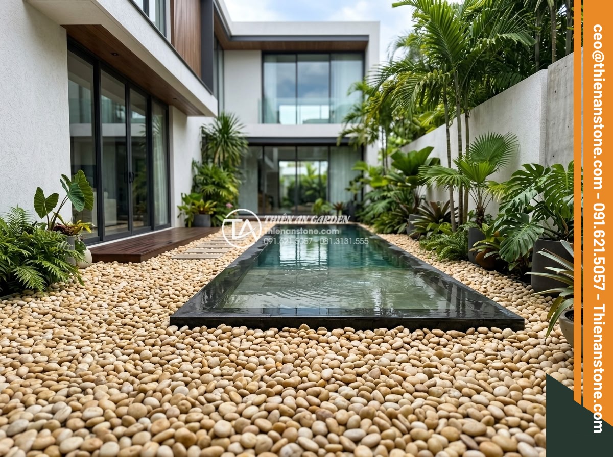 Sỏi vàng quay 1-3cm - Hình 15 Sỏi vàng quay 1-3cm - Luxury villa courtyard completely covered with golden 1-3cm pebbles, modern mini