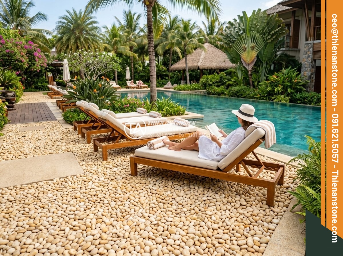 Sỏi vàng quay 1-3cm - Hình 16 Sỏi vàng quay 1-3cm - High-end resort poolside area with golden pebbles ground cover, lounge chairs an