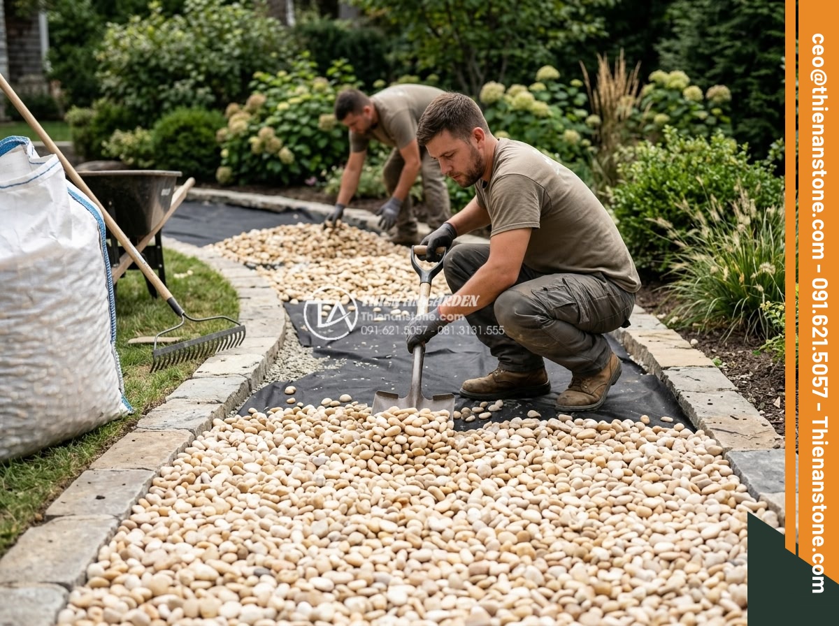Sỏi vàng quay 1-3cm - Hình 17 Sỏi vàng quay 1-3cm - Professional installation process of golden pebbles in garden landscaping, worke