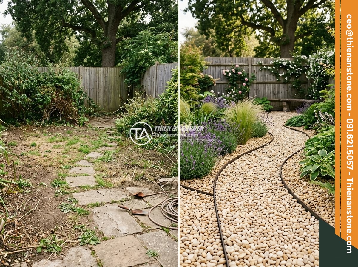 Sỏi vàng quay 1-3cm - Hình 18 Sỏi vàng quay 1-3cm - Before and after view of garden transformation using 1-3cm golden pebbles, profe