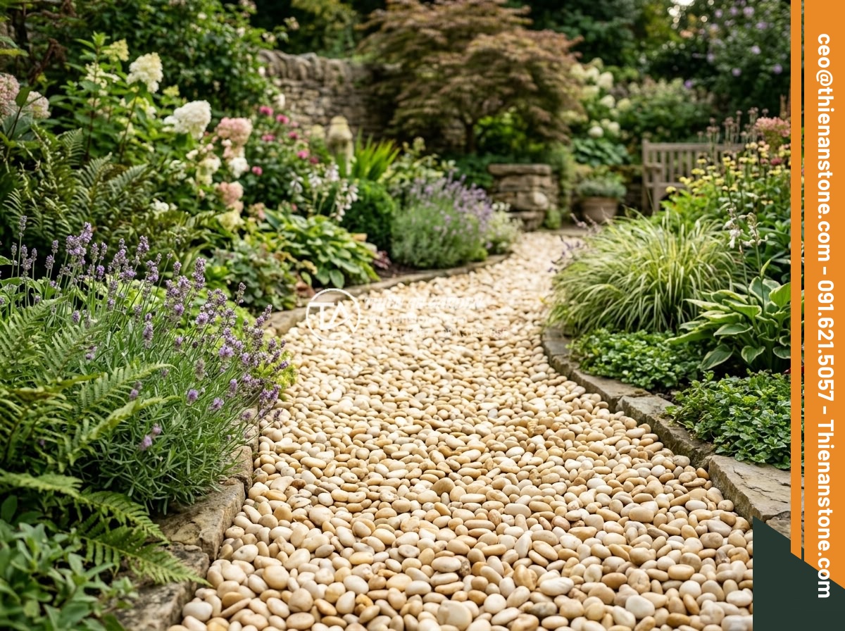 Sỏi vàng quay 1-3cm - Hình 19 Sỏi vàng quay 1-3cm - Well-maintained golden pebbles in pristine garden after several years, vibrant c