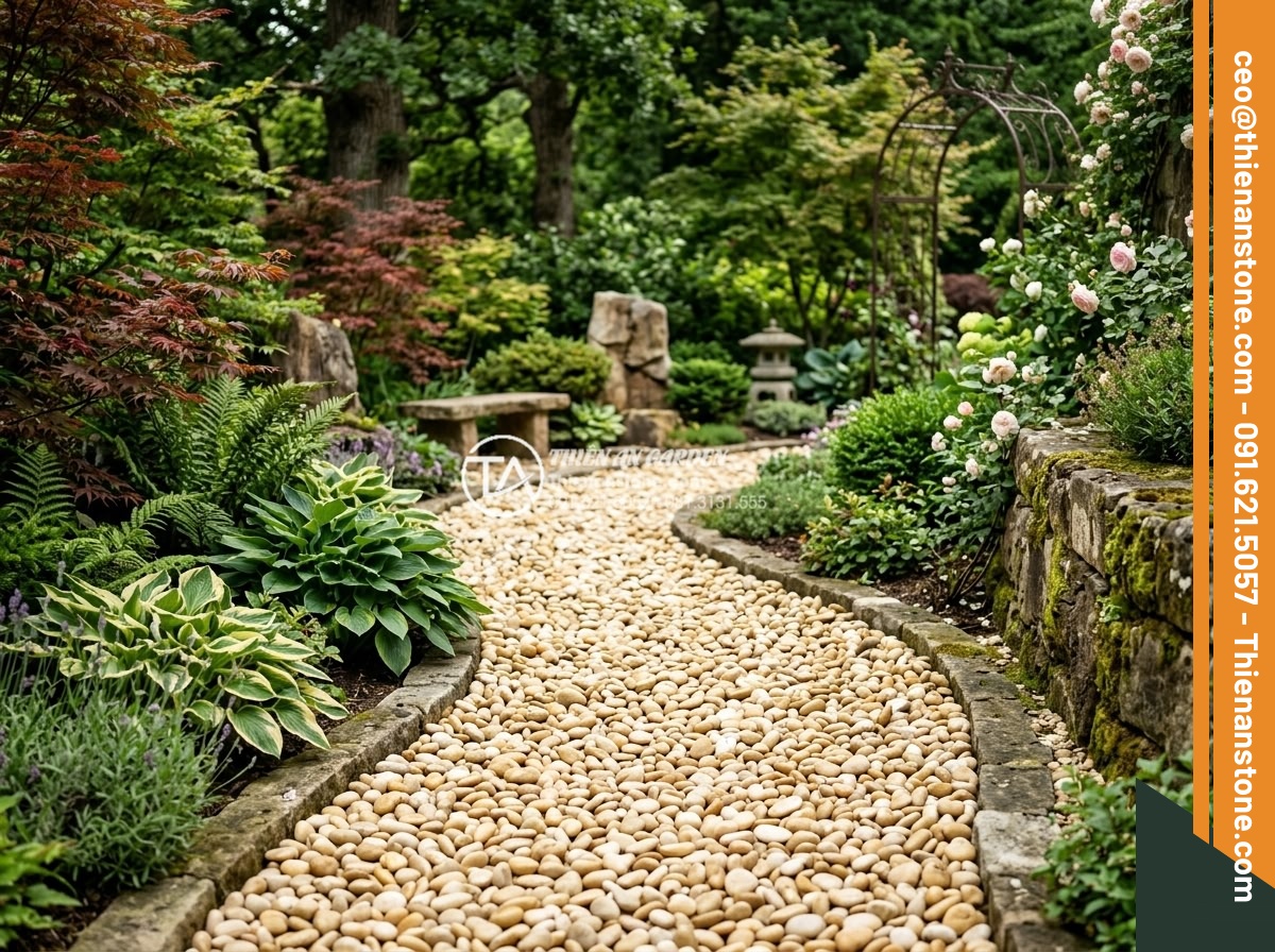 Sỏi vàng quay 1-3cm - Hình 20 Sỏi vàng quay 1-3cm - Long-term view of golden tumbled pebbles in established luxury garden with matur