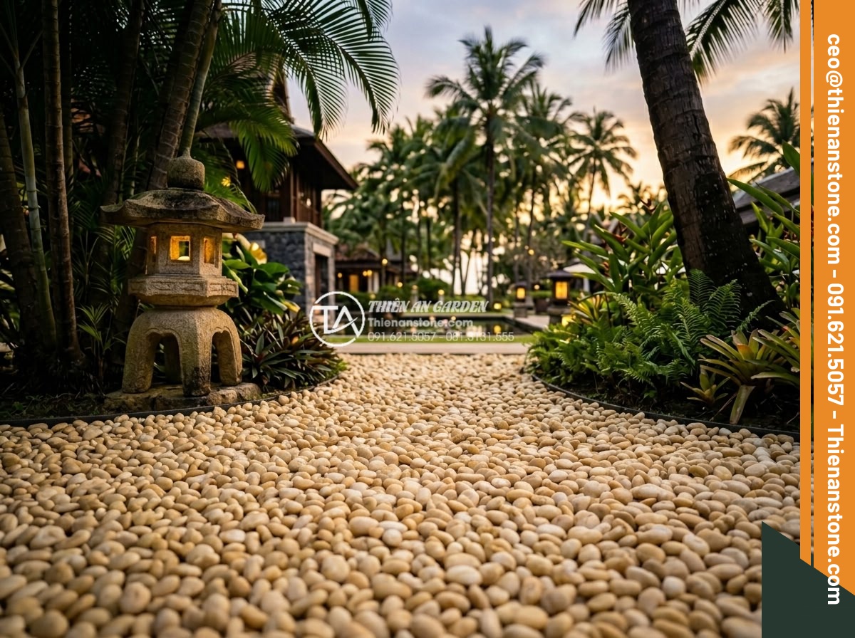 Sỏi vàng quay 1-3cm - Hình 4 Sỏi vàng quay 1-3cm - Golden pebbles 1-3cm used as decorative ground cover in a high-end resort garden