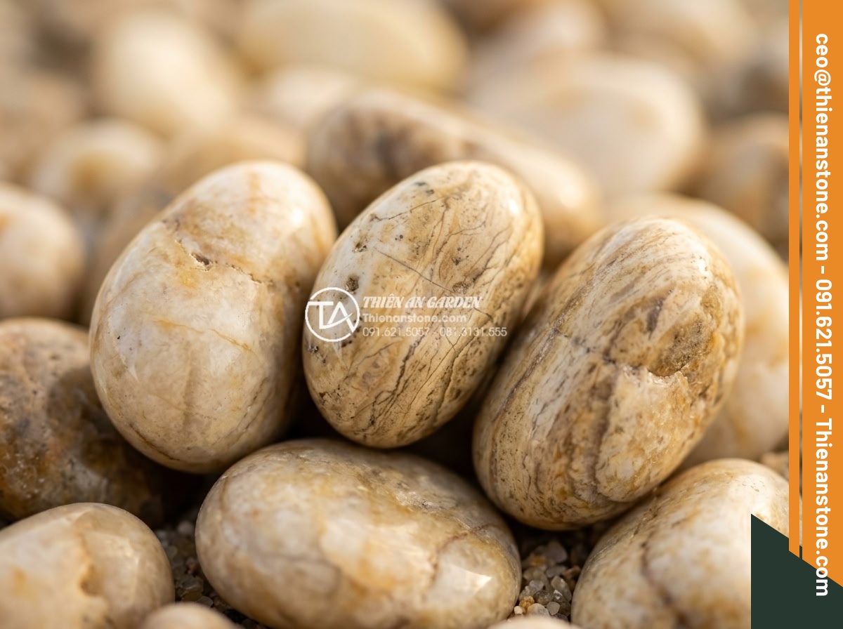 Sỏi vàng quay 1-3cm - Hình 5 Sỏi vàng quay 1-3cm - Extreme close-up macro shot of individual 1-3cm golden tumbled pebbles showing i