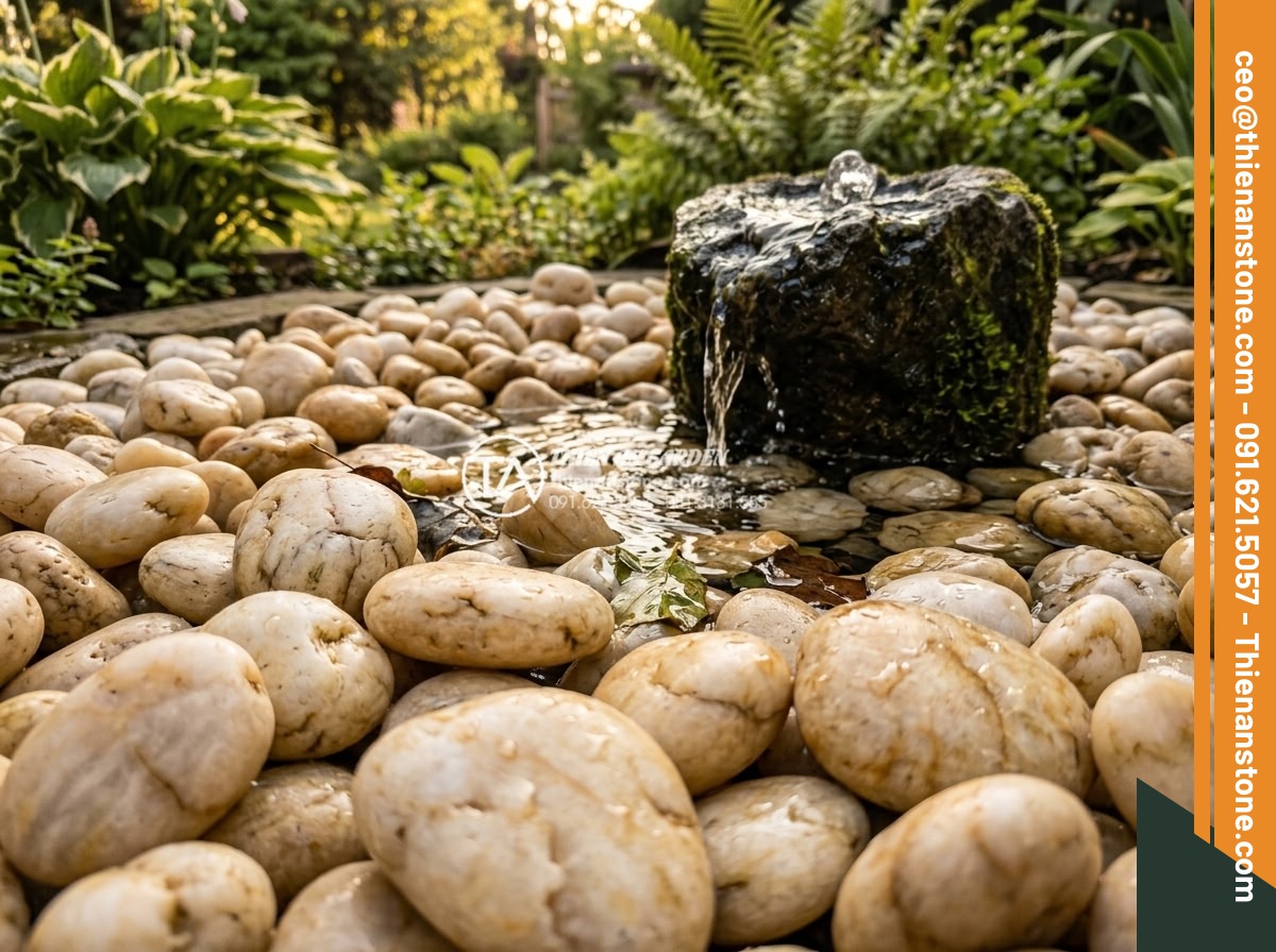 Sỏi vàng quay 1-3cm - Hình 6 Sỏi vàng quay 1-3cm - Close view of golden pebbles with visible natural veins arranged around a small