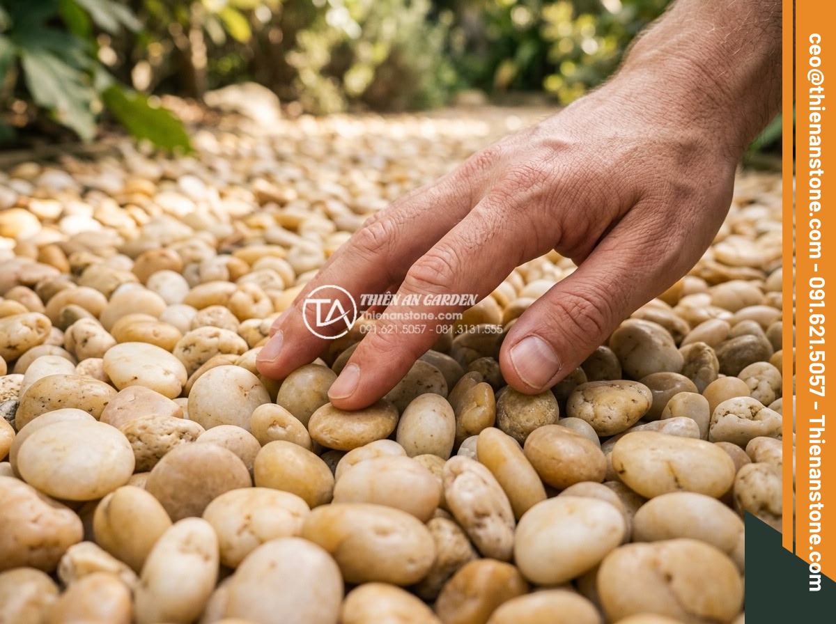 Sỏi vàng quay 1-3cm - Hình 7 Sỏi vàng quay 1-3cm - Human hand gently touching smooth golden 1-3cm tumbled pebbles, showing texture