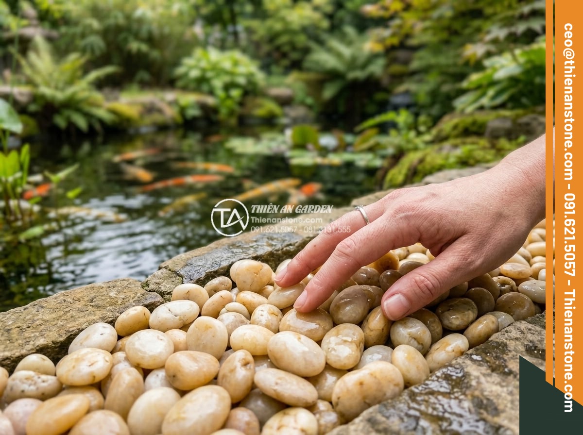Sỏi vàng quay 1-3cm - Hình 8 Sỏi vàng quay 1-3cm - Person's fingers caressing golden pebbles in a garden setting next to Koi pond,