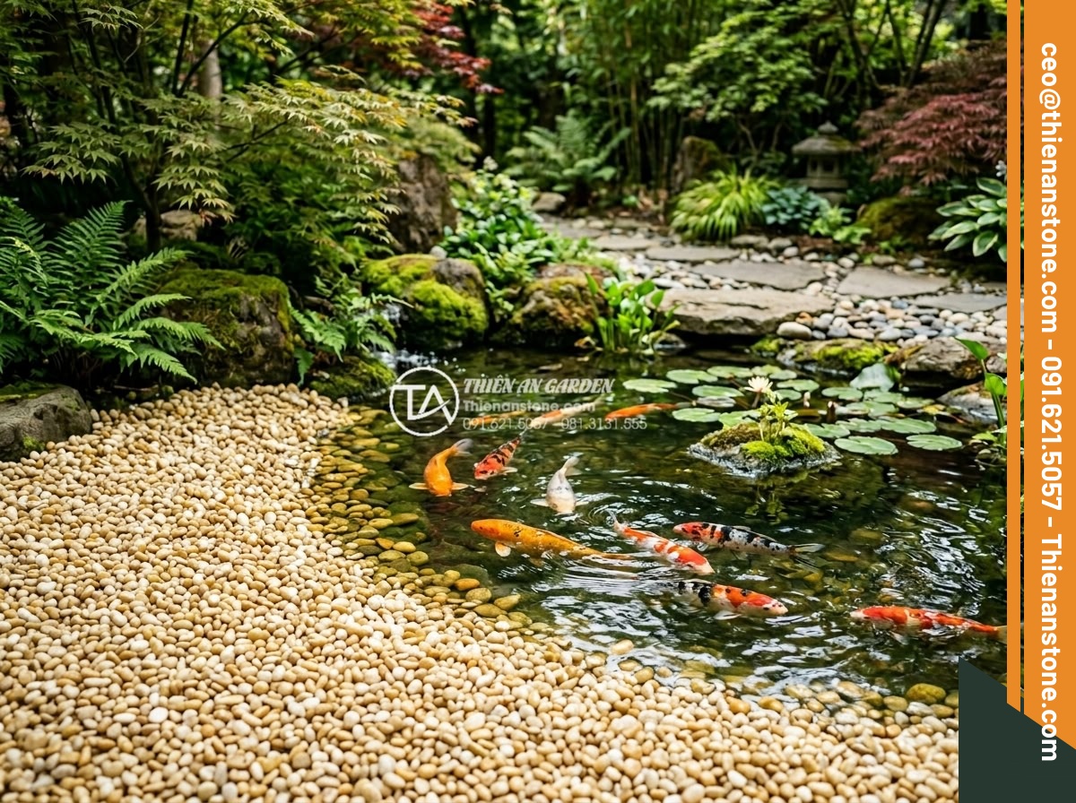 Sỏi vàng quay 3-5mm - Hình 11 Sỏi vàng quay 3-5mm - Beautiful Koi pond with golden 3-5mm tumbled pebbles surrounding the edge, color