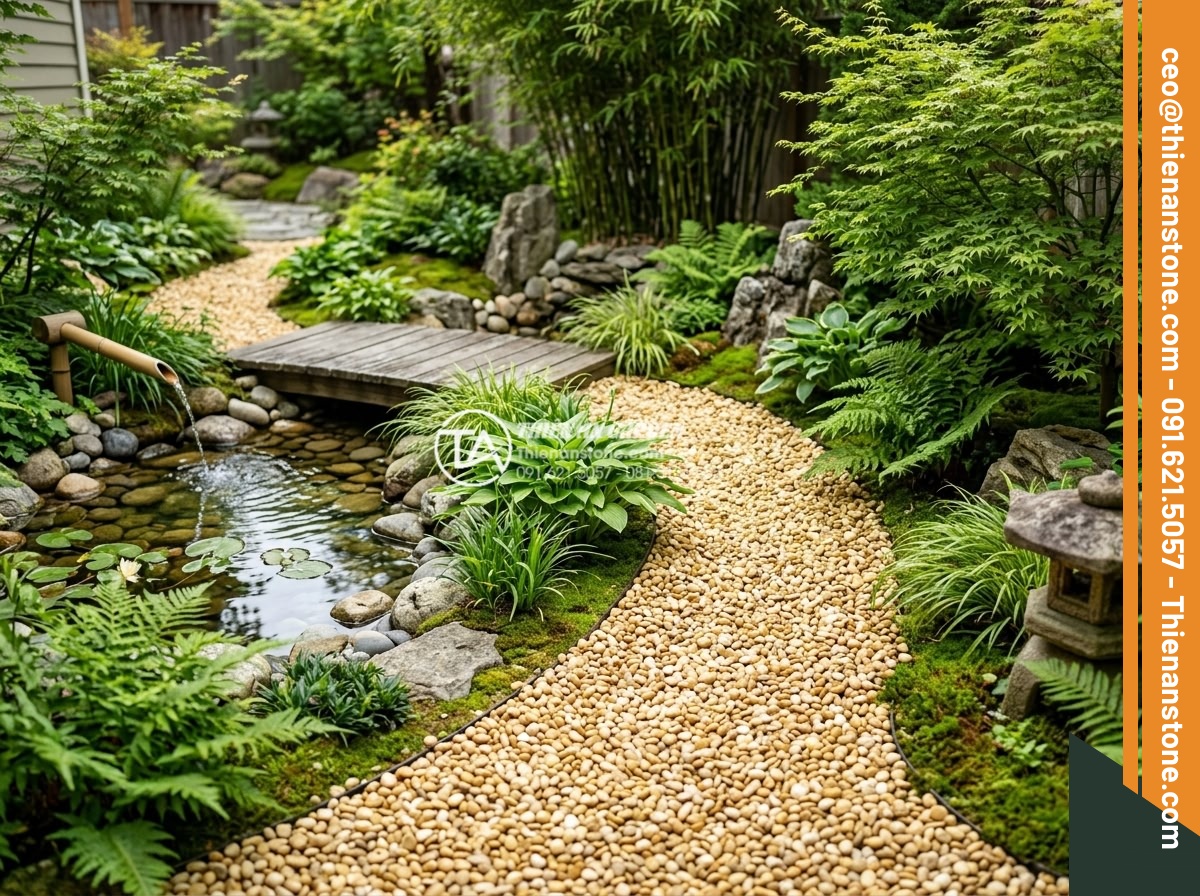 Sỏi vàng quay 3-5mm - Hình 13 Sỏi vàng quay 3-5mm - Feng shui inspired garden layout with golden pebbles 3-5mm, harmonious natural e