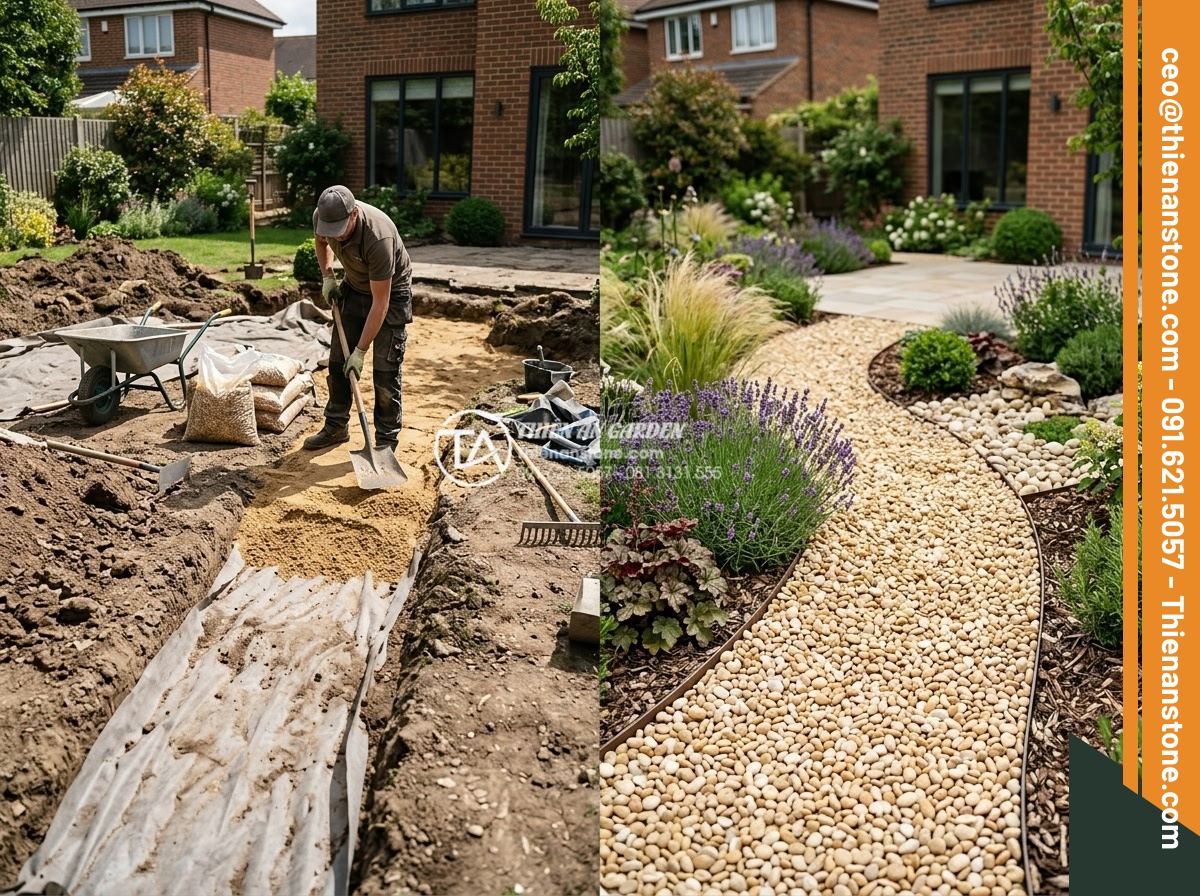 Sỏi vàng quay 3-5mm - Hình 15 Sỏi vàng quay 3-5mm - Professional landscaping construction process using golden 3-5mm pebbles in gard